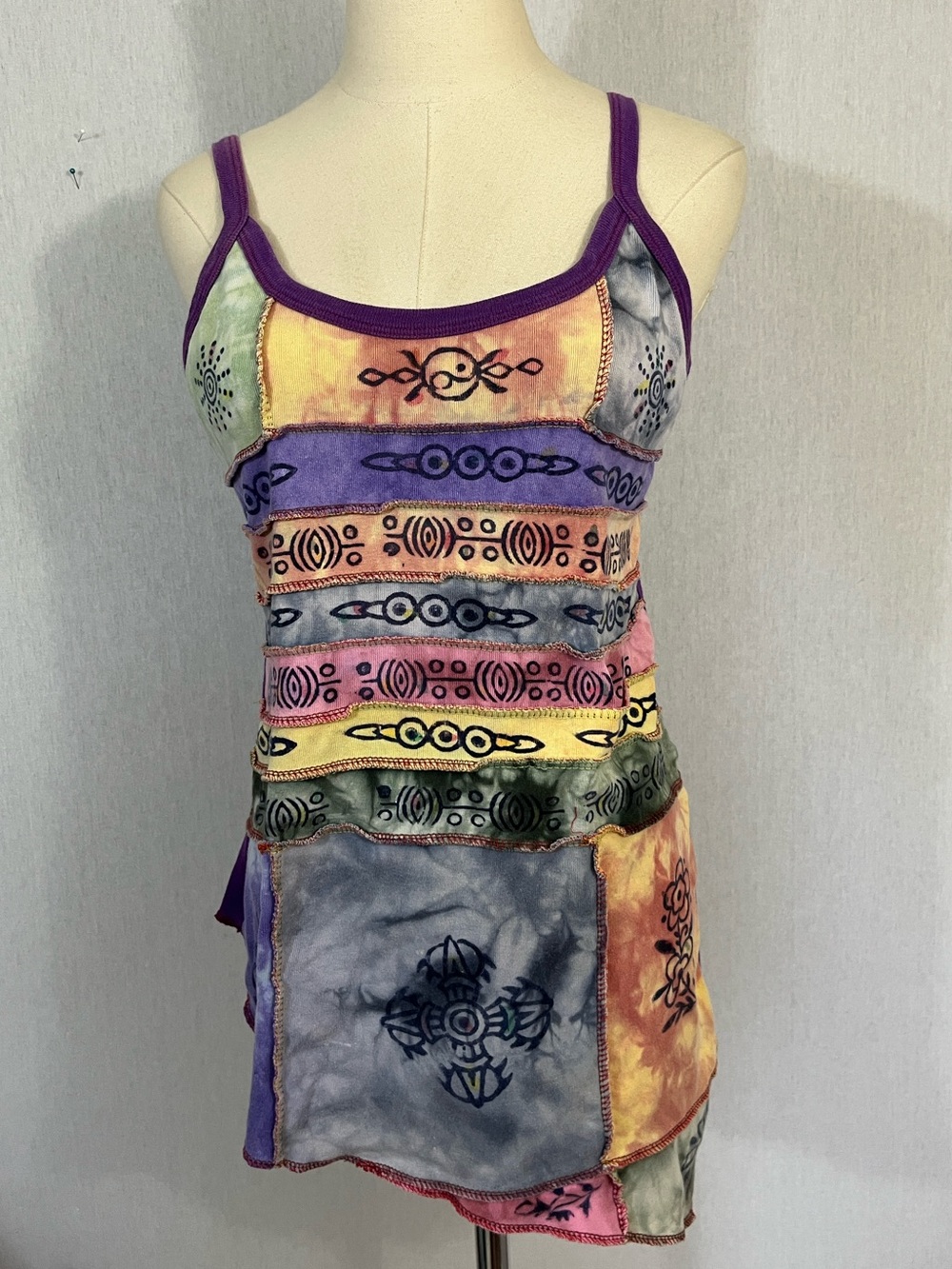 KPC Bohemian Patchwork Tie-Dye Tank Top with Tribal Print Purple Made in Nepal